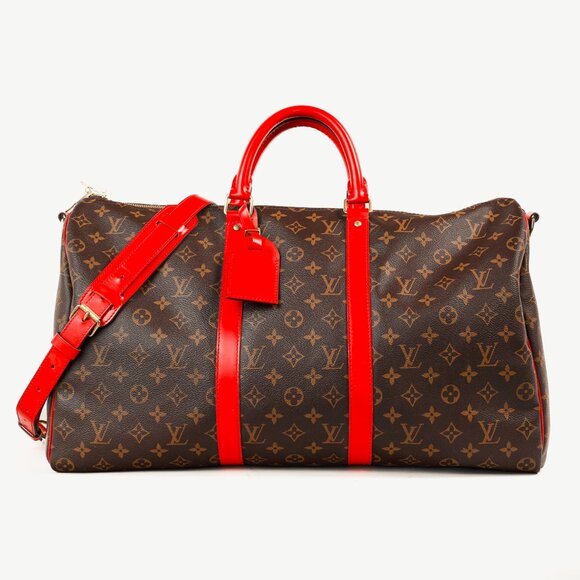 Louis Vuitton Keepall Bandoulière 50 Monogram Canvas & Coquelicot Leather Bag - Picture 1 of 15